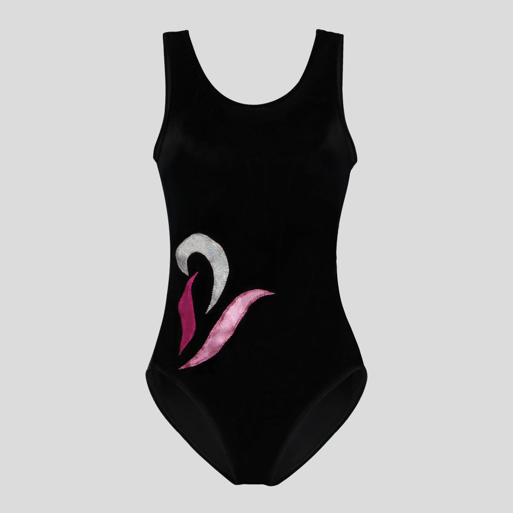 Australian made girls black velvet leotard adorned with contrasting appliques in shades of pink
