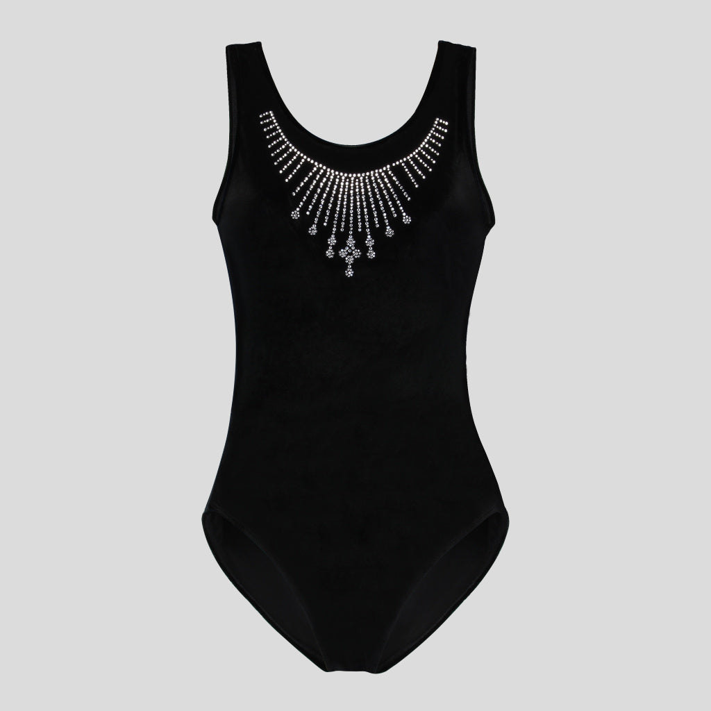 Australian made girls black velvet leotard adorned with a gorgeous princess necklace diamante design right below the neckline