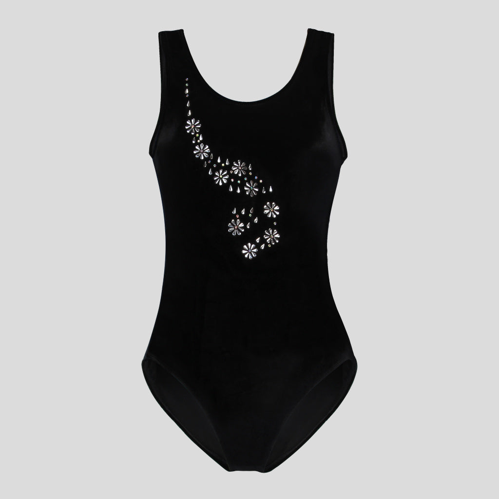 Australian made girls black velvet leotard adorned with a gorgeous floral silver foil design across the front