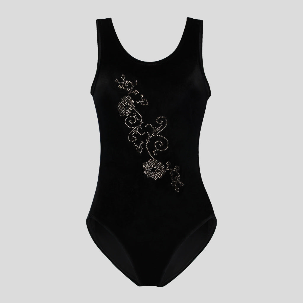 Australian made girls black velvet leotard adorned with a floral silver diamante design across the body