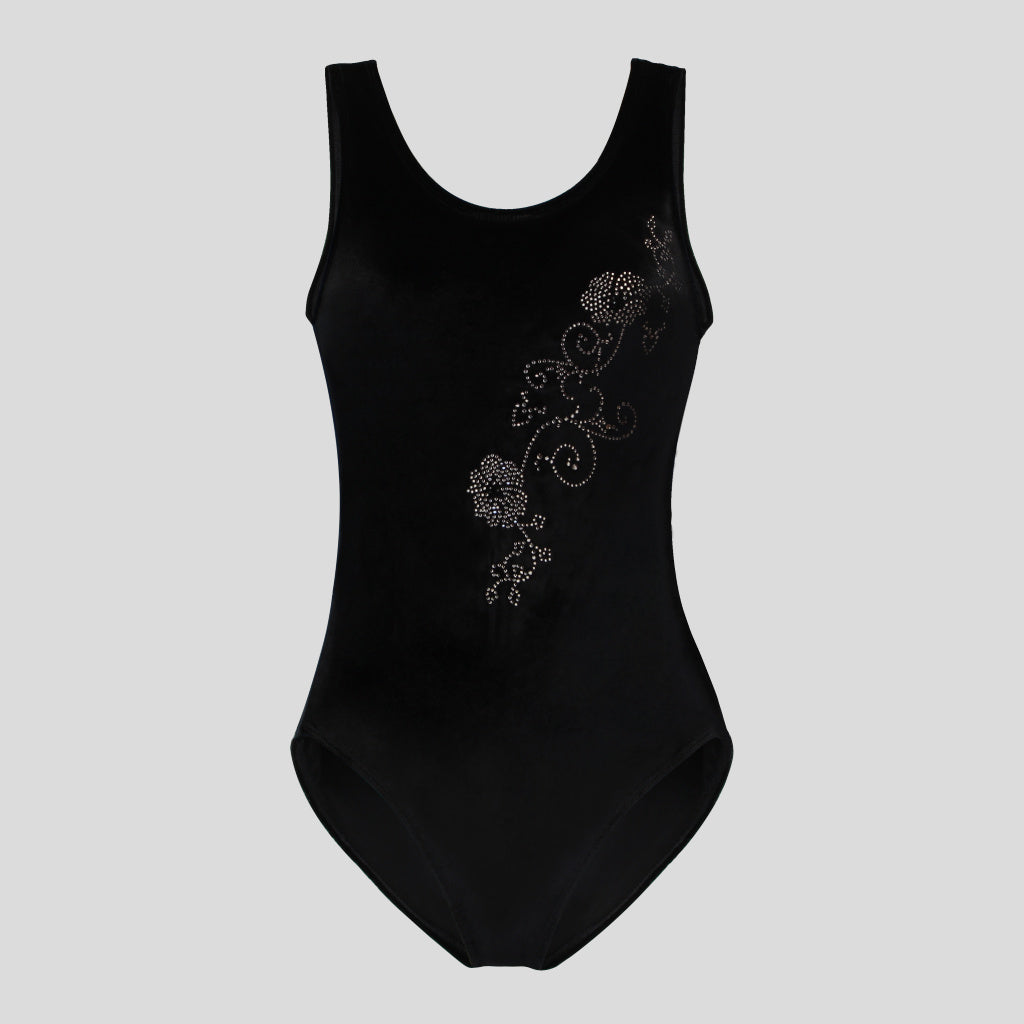 Australian made girls black velvet leotard adorned with a floral silver diamante design across the body