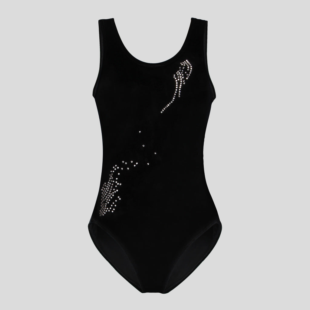 Australian made girls black velvet leotard adorned with a unique diamante spread design