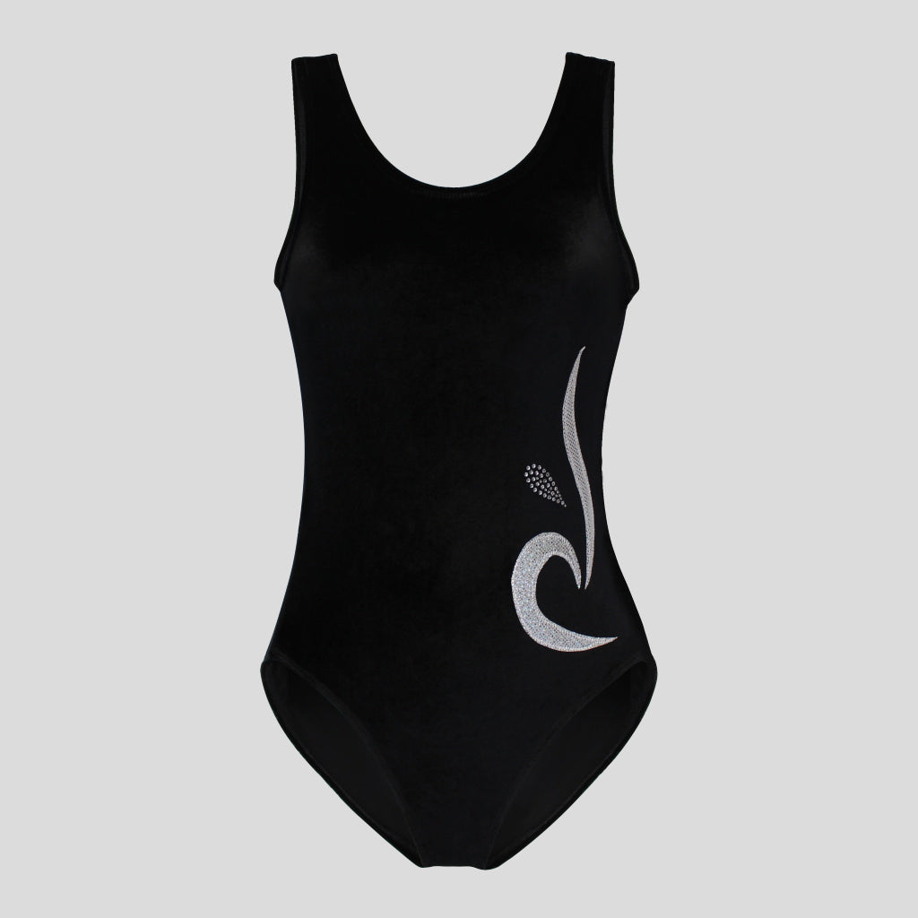 Australian made girls black velvet leotard adorned with a beautiful curved applique complimented with diamantes in a teardrop design