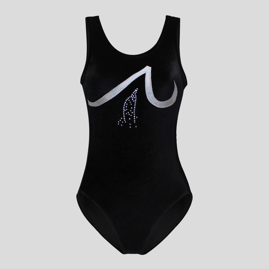 Australian made girls black velvet leotard adorned with diamantes and a unique silver white applique