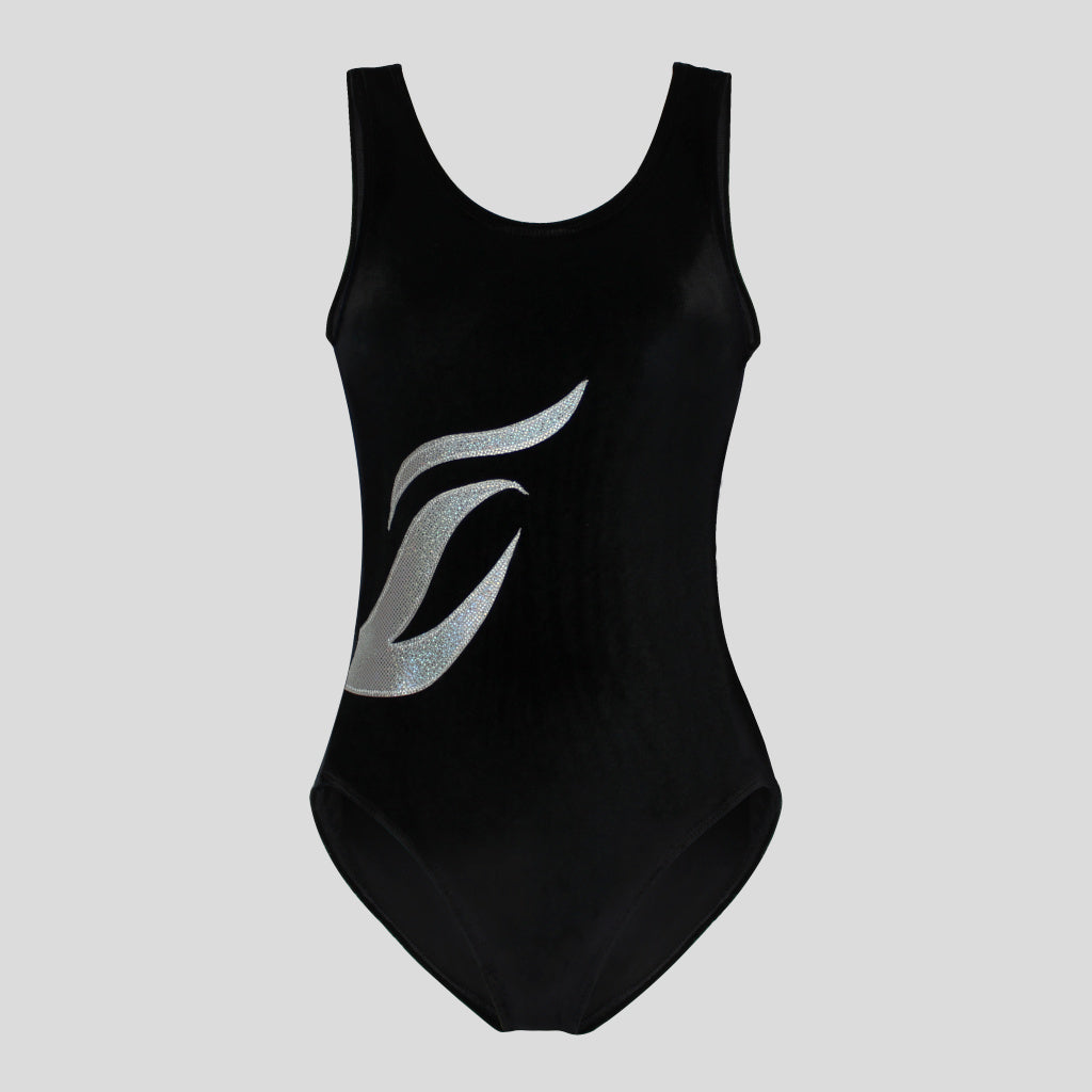 Australian made girls black velvet leotard adorned with a wavy silver applique design on the side