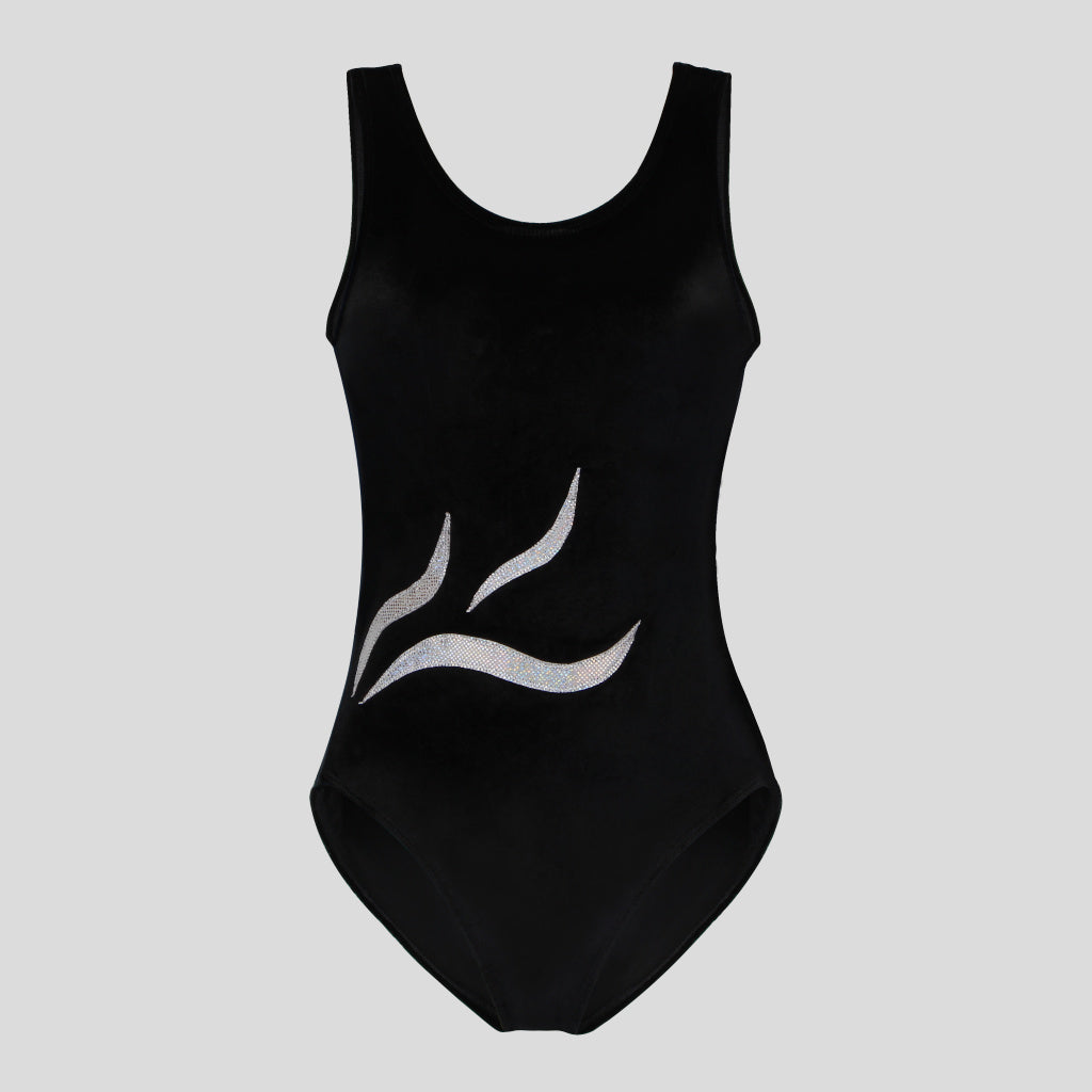 Australian made girls black velvet leotard adorned with a wavy silver white applique design across the middle