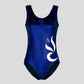 Australian made K-Lee Designs sleeveless leotard made with dark blue holographic velvet, adorned with shiny appliques and diamantes on the lower right side