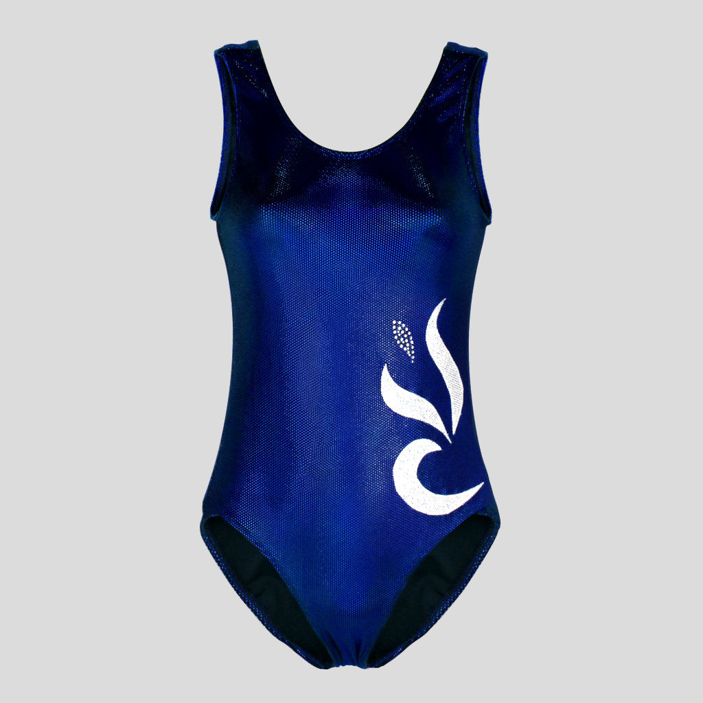 Australian made K-Lee Designs sleeveless leotard made with dark blue holographic velvet, adorned with shiny appliques and diamantes on the lower right side