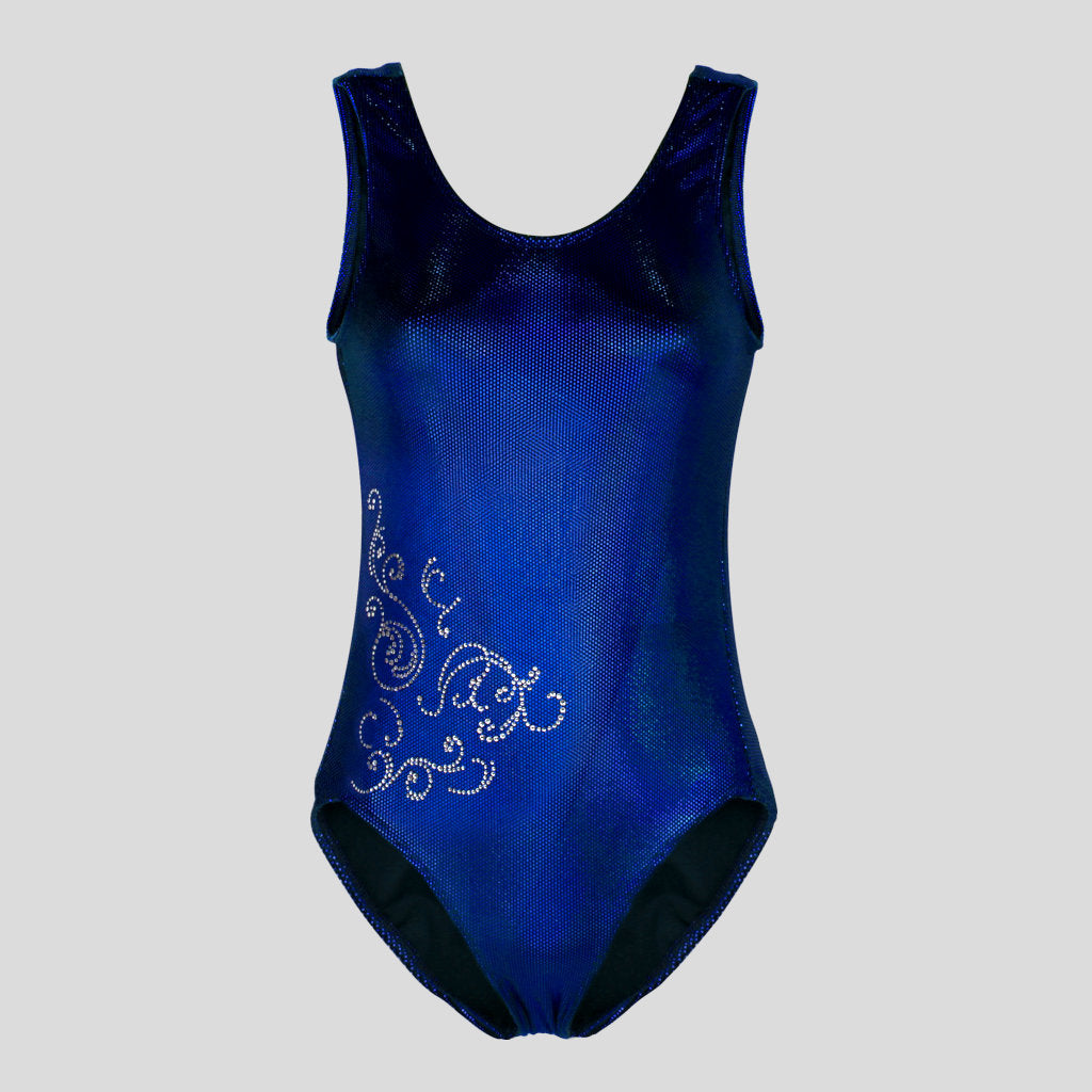 Australian made K-Lee Designs sleeveless leotard made with dark blue holographic velvet, adorned with beautiful diamante filigree design on the lower left