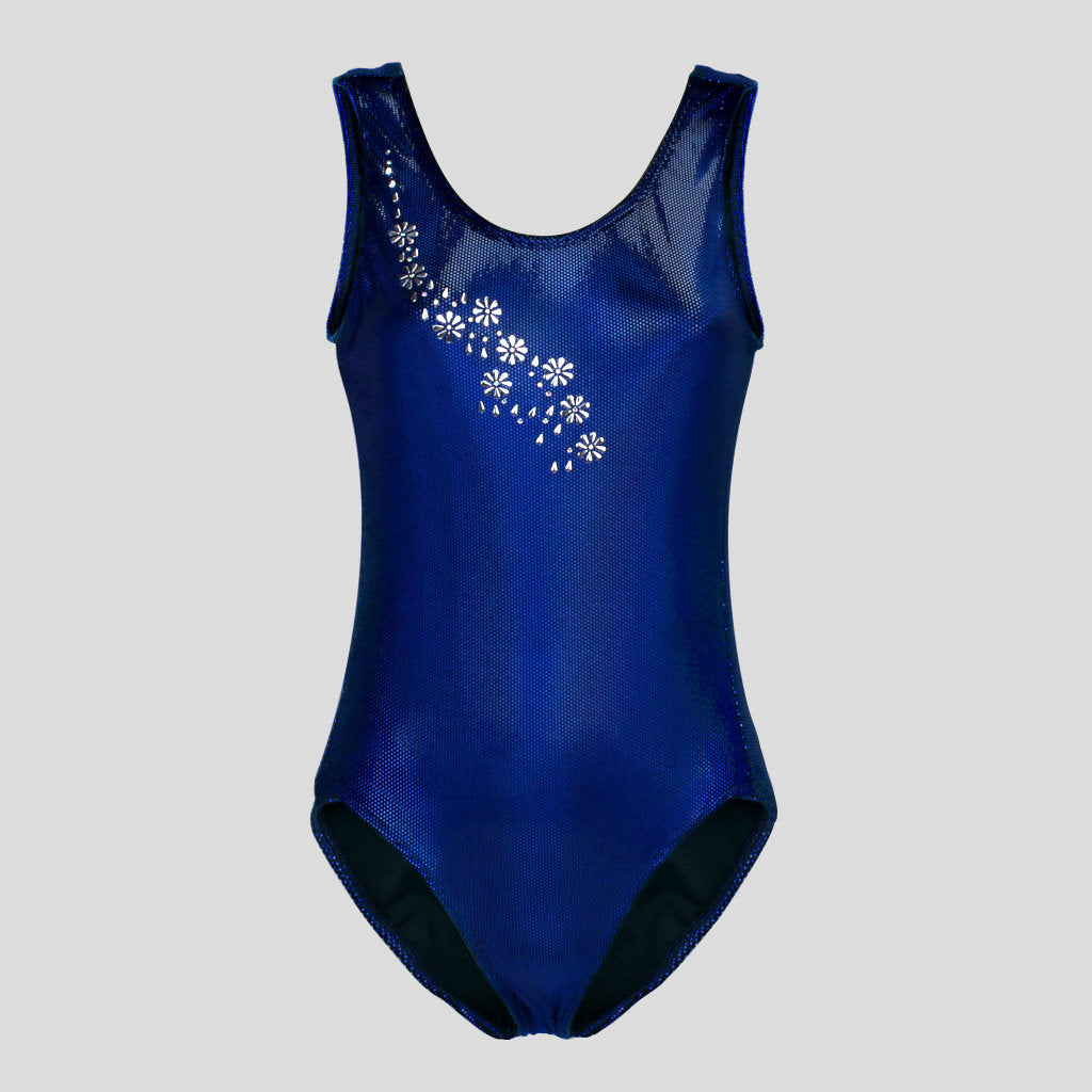 Australian made K-Lee Designs sleeveless leotard made with dark blue holographic velvet, adorned with beautiful shiny silver floral design and diamantes across the left shoulder