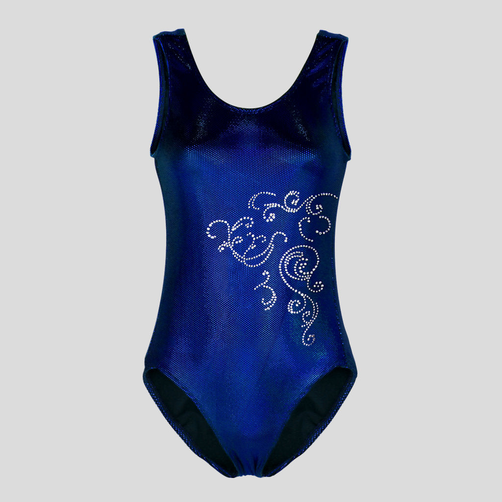 Australian made K-Lee Designs sleeveless leotard made with dark blue holographic velvet, adorned with beautiful diamante filigree design on the right side
