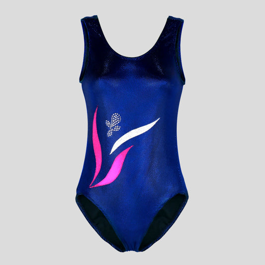 Australian made K-Lee Designs sleeveless leotard made with dark blue holographic velvet, adorned with complementing appliques and diamantes starting from the lower left