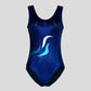 Australian made K-Lee Designs sleeveless leotard made with dark blue holographic velvet, adorned with complementing appliques on the left side