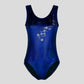 Australian made K-Lee Designs sleeveless leotard made with dark blue holographic velvet, adorned with beautiful shiny silver floral design and diamantes across the right shoulder
