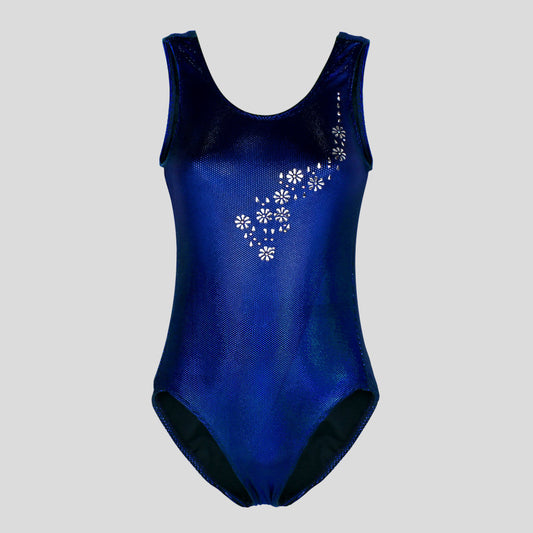 Australian made K-Lee Designs sleeveless leotard made with dark blue holographic velvet, adorned with beautiful shiny silver floral design and diamantes across the right shoulder