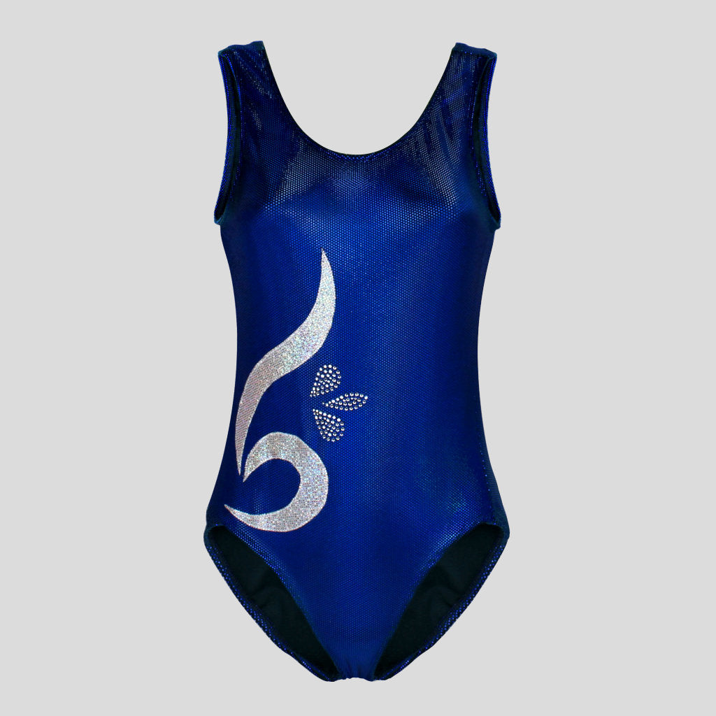 Australian made K-Lee Designs sleeveless leotard made with dark blue holographic velvet, adorned with beautiful shiny appliques and diamantes on the left side