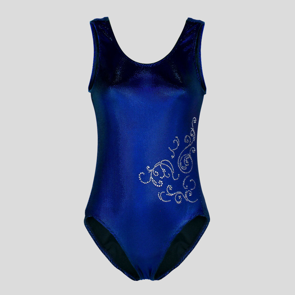 Australian made K-Lee Designs sleeveless leotard made with dark blue holographic velvet, adorned with beautiful diamante filigree design on the lower right