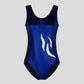 Australian made K-Lee Designs sleeveless leotard made with dark blue holographic velvet, adorned with gorgeous wavy applique design on the right