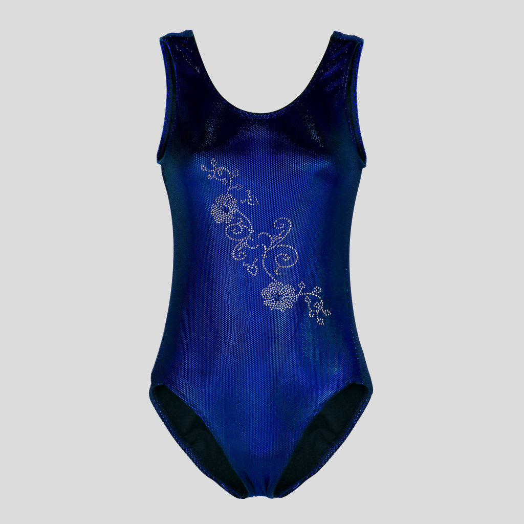 Australian made K-Lee Designs sleeveless leotard made with dark blue holographic velvet, adorned with floral silver diamante design across the front