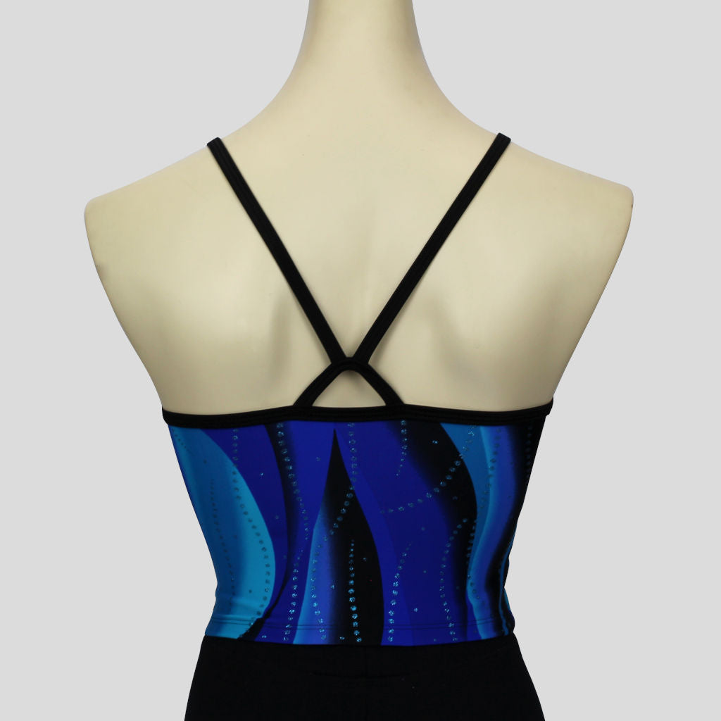 blue swirl waves pattern top with black straps