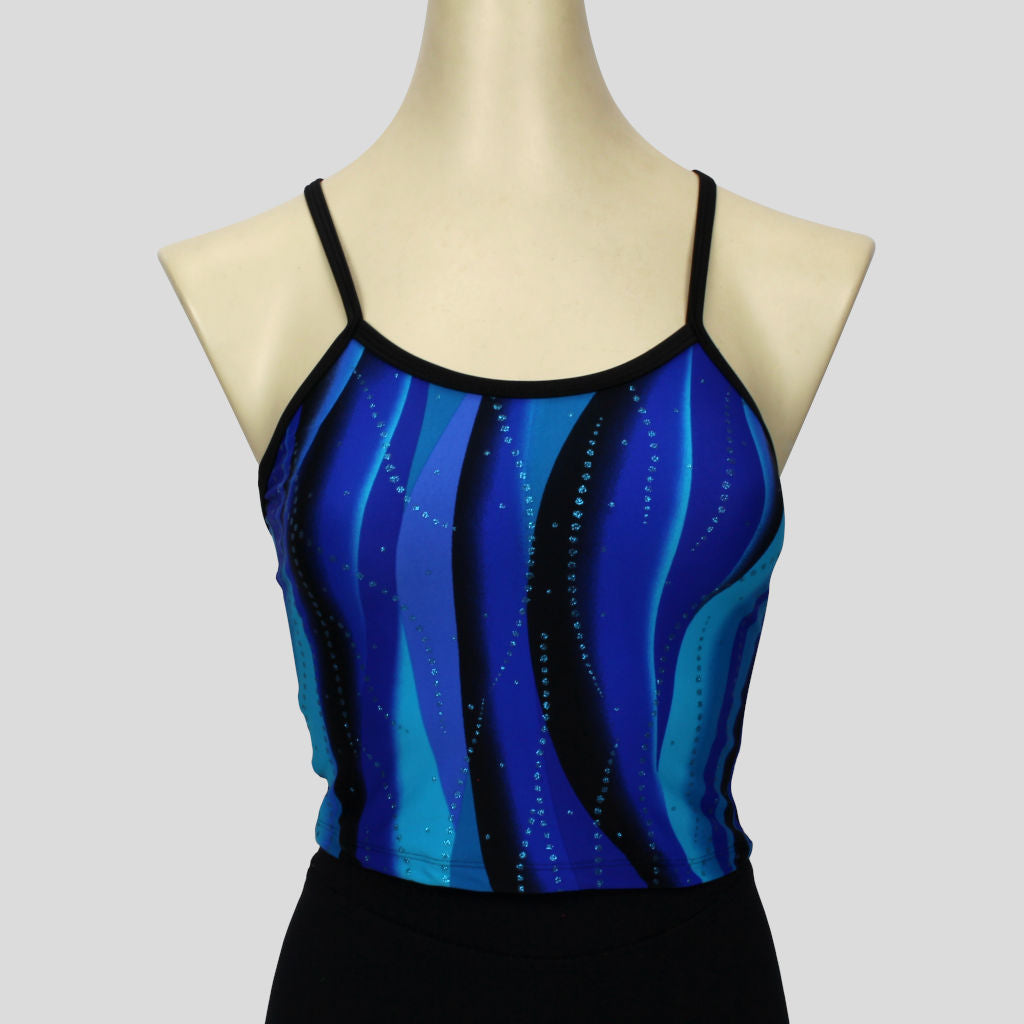 blue swirl waves pattern top with black straps