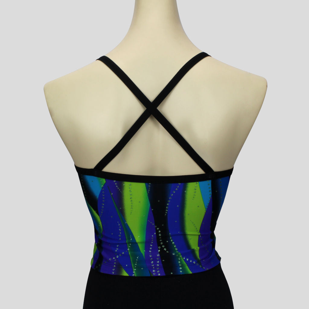 blue and green swirl waves pattern top with black straps