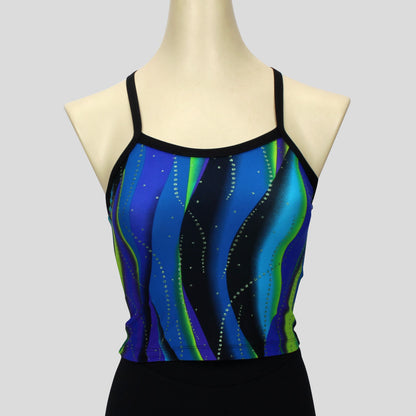 blue and green swirl waves pattern top with black straps