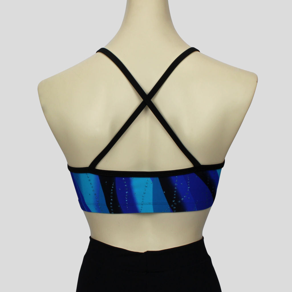 blue swirl waves pattern crop top with cross-over black straps