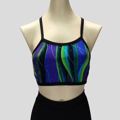 blue and green swirl waves pattern  crop top with black straps