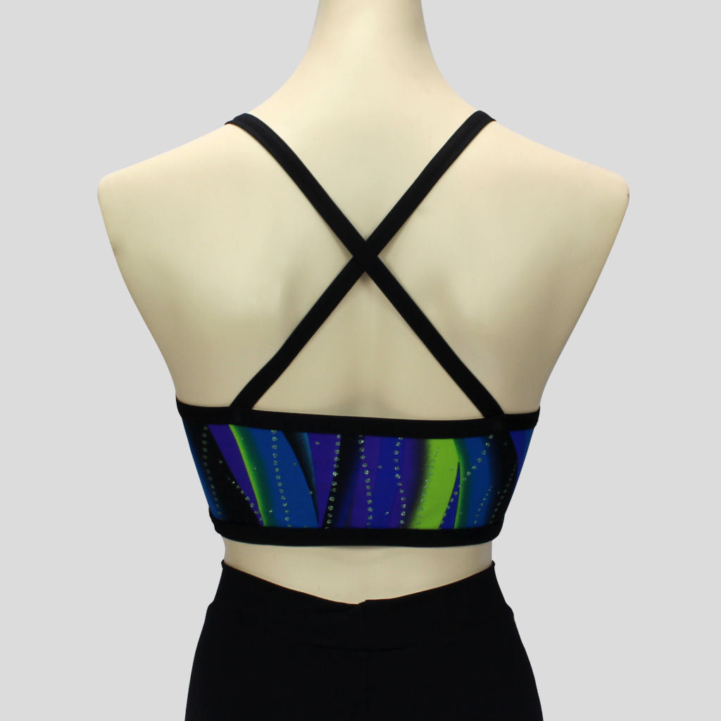 blue and green swirl waves pattern crop top with cross-over black straps