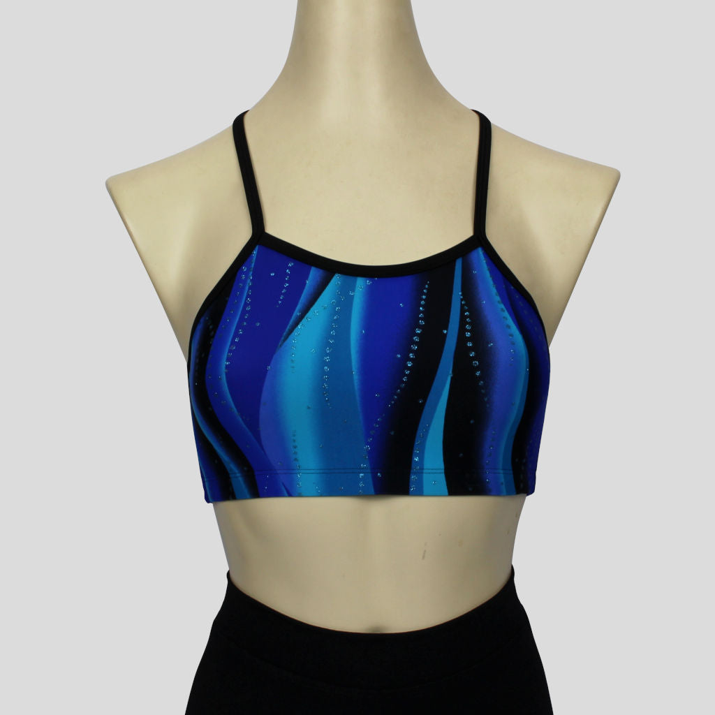 blue swirl waves pattern crop top with black straps
