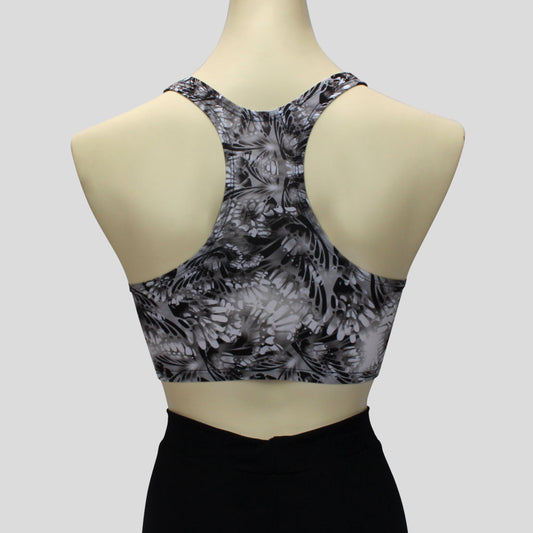 black and white chrome chic pattern crop top in a sportsback style