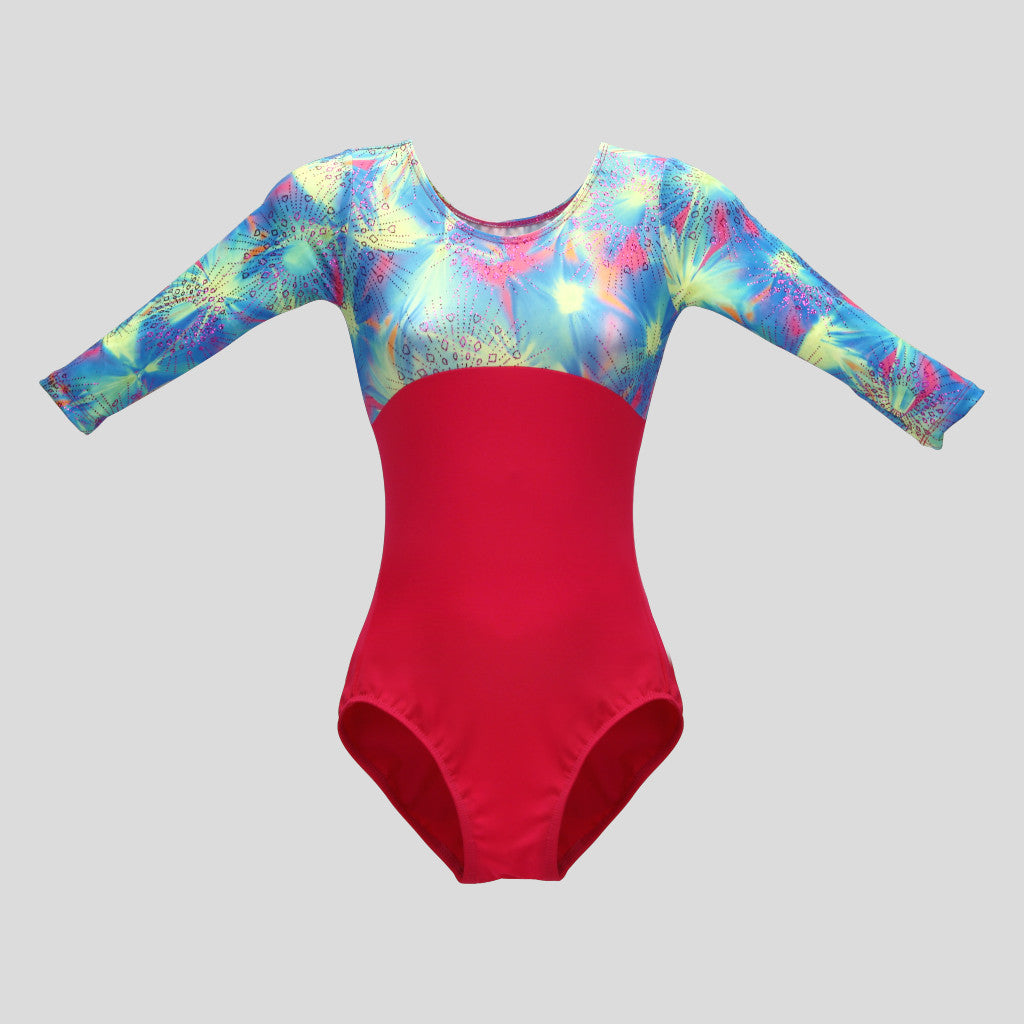Australian made girls long sleeve leotard with deep pink bodice and pastel tie-dye top with purple glitter in fireworks shapes