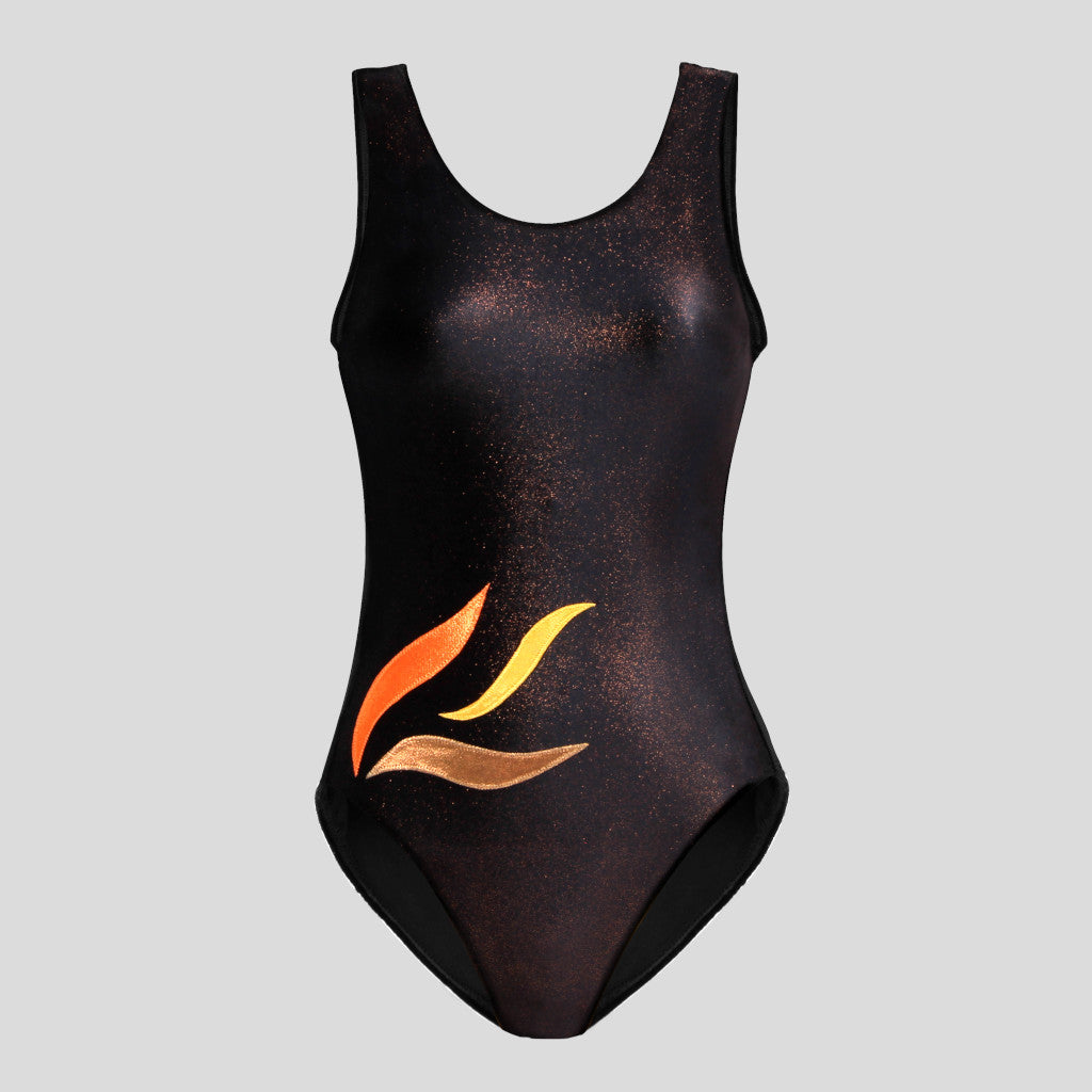 Australian made girls black velvet leotard with copper glitter adorned with a flame applique design around the hip area