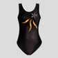Australian made girls black velvet leotard with copper glitter adorned with a leafy applique design bursting out from a diamante flower