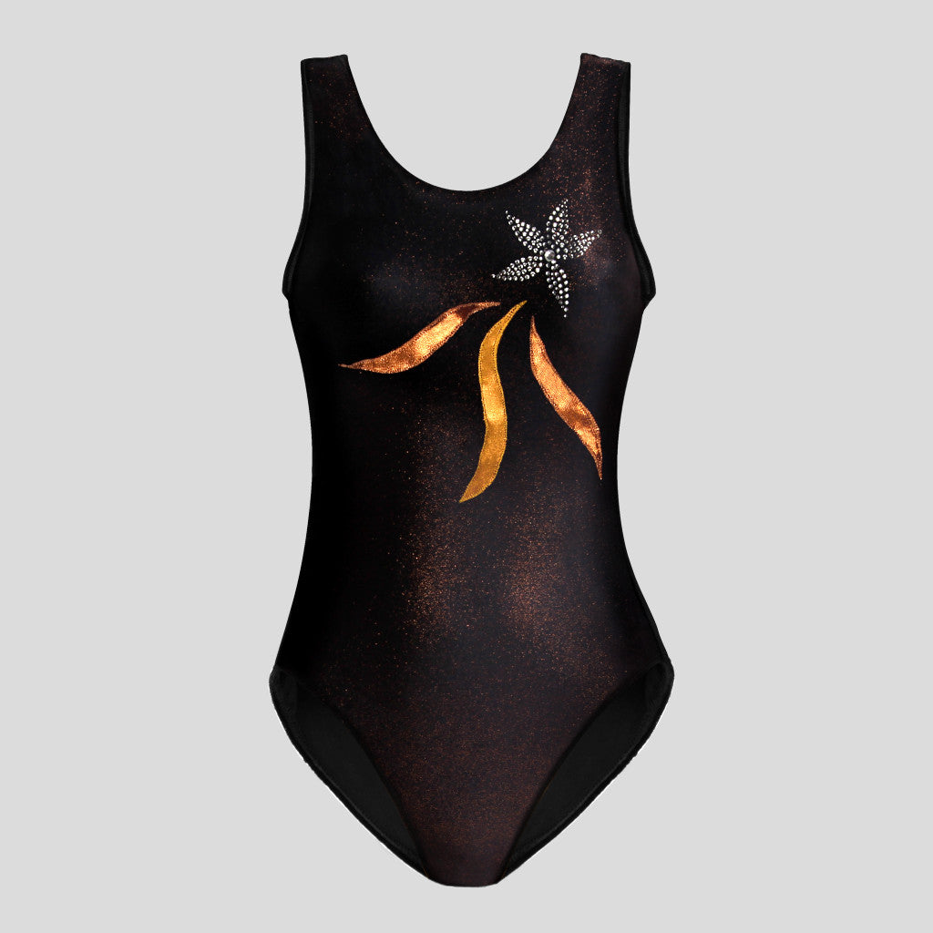 Australian made girls black velvet leotard with copper glitter adorned with a leafy applique design bursting out from a diamante flower