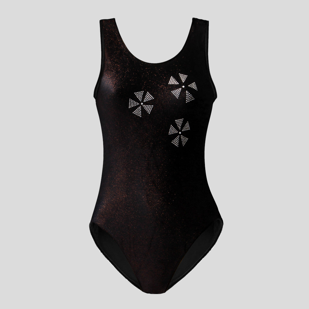 Australian made girls black velvet leotard with copper glitter adorned with star shaped diamante designs across the chest area