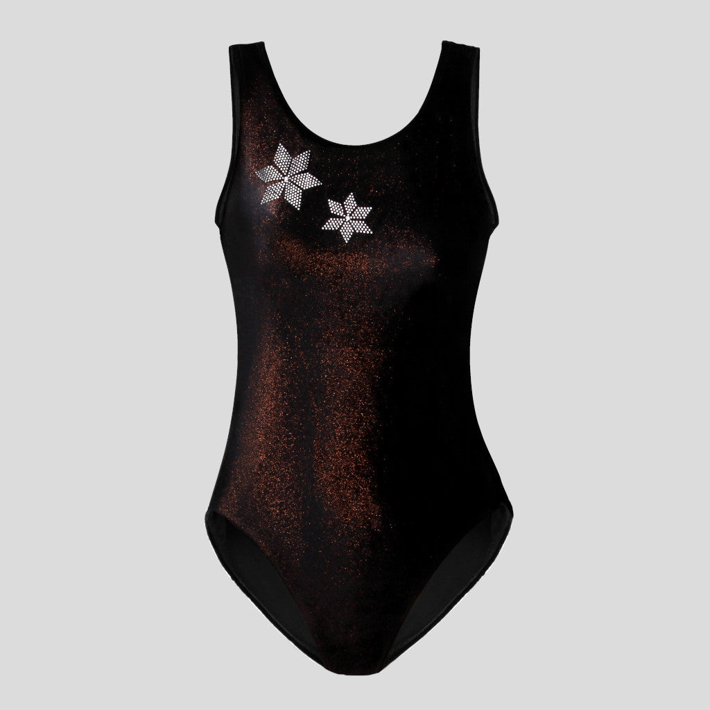 Australian made girls black velvet leotard with copper glitter adorned with star shaped diamante designs