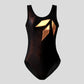 Australian made girls black velvet leotard with copper glitter adorned with a geometric applique design on the chest area