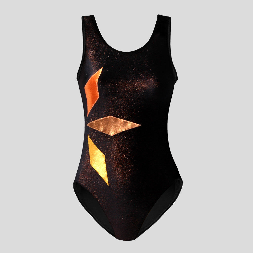 Australian made girls black velvet leotard with copper glitter adorned with diamond shaped applique design along the side