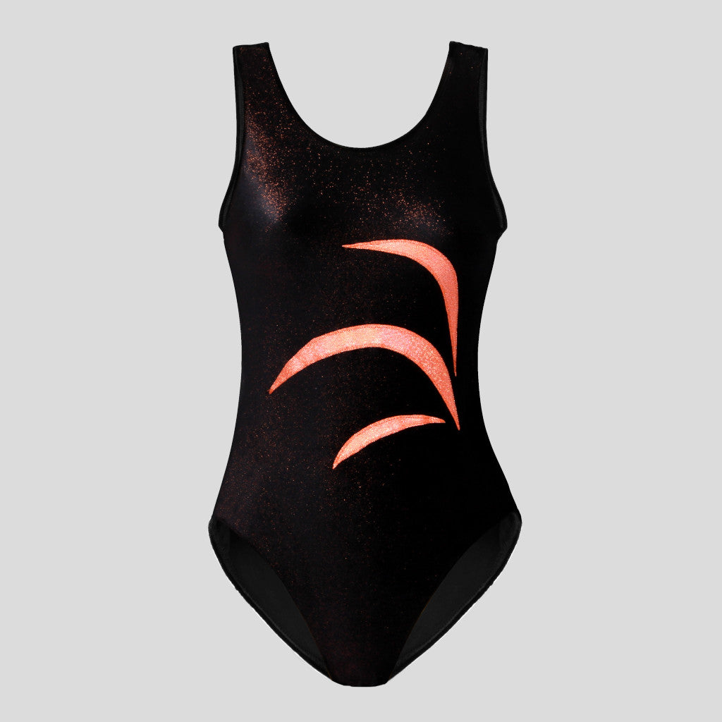 Australian made girls black velvet leotard with copper glitter adorned with orange curve design across the bodice