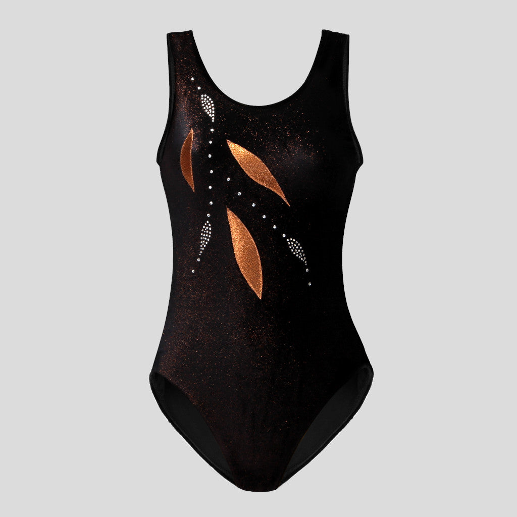 Australian made girls black velvet leotard with copper glitter adorned with leaf shaped applique and diamante designs