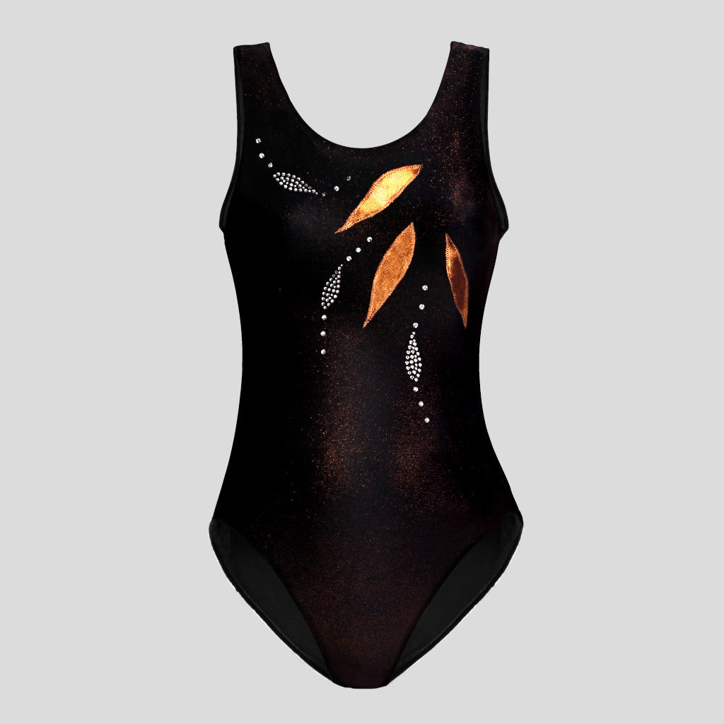 Australian made girls black velvet leotard with copper glitter adorned with leaf shaped applique and diamante designs