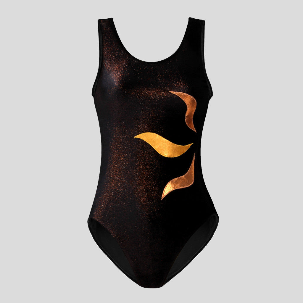 Australian made girls black velvet leotard with copper glitter adorned with a wavy applique design along one side