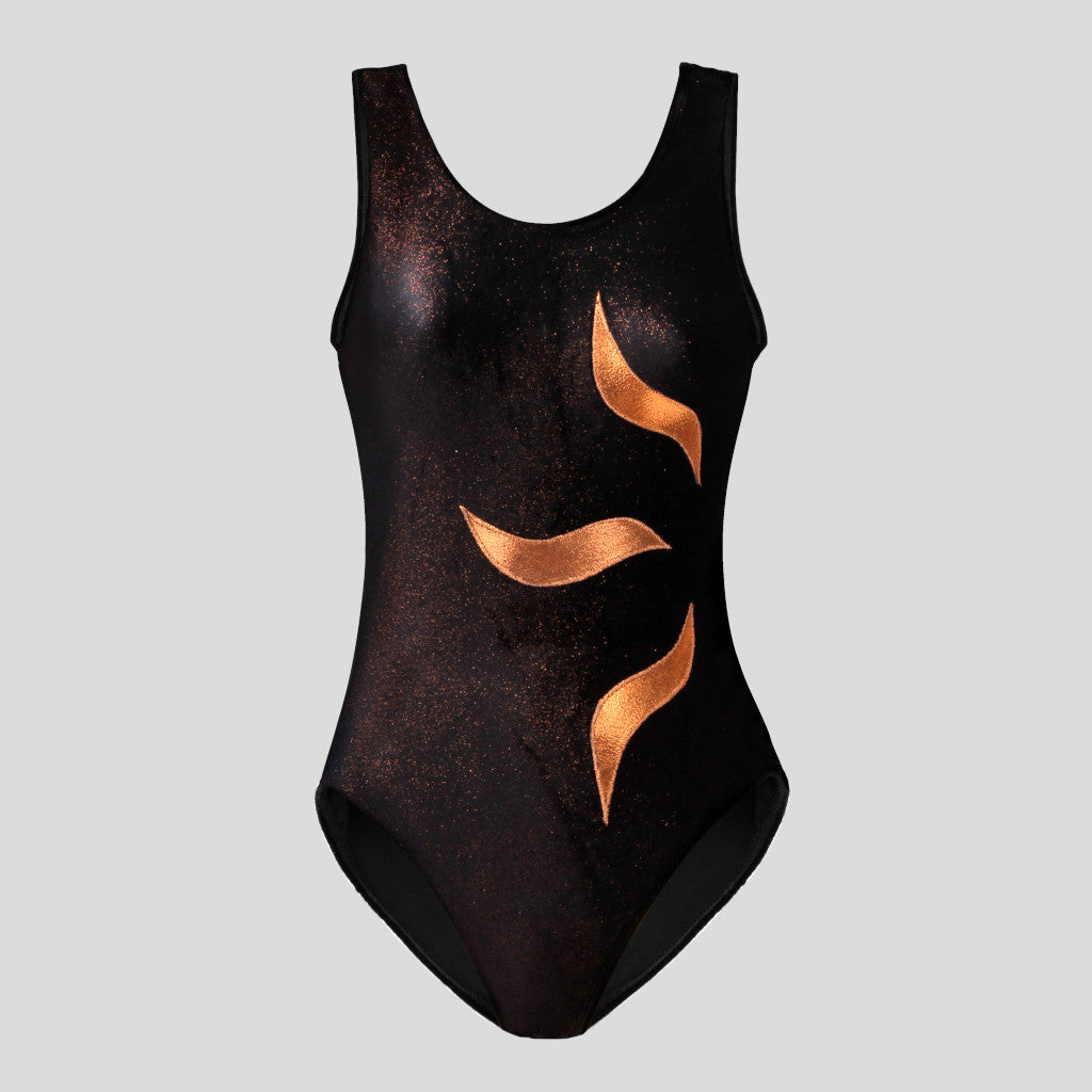 Australian made girls black velvet leotard with copper glitter adorned with an orange curve design along the side