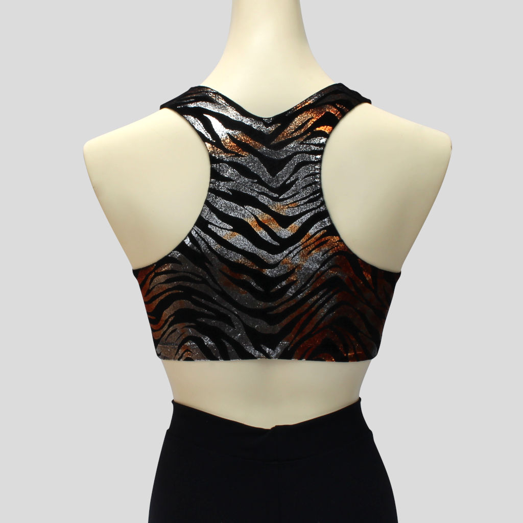 back view of the black velvet crop top with glittery copper and silver swirls in a sportsback style