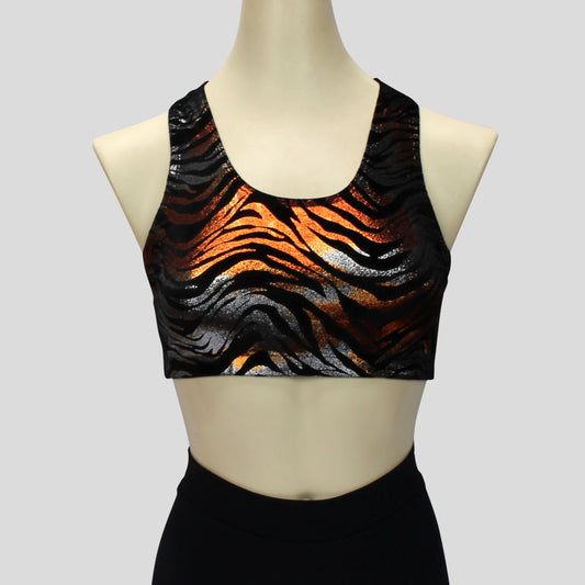 black velvet with glittery copper and silver swirls short crop top in a sportsback style