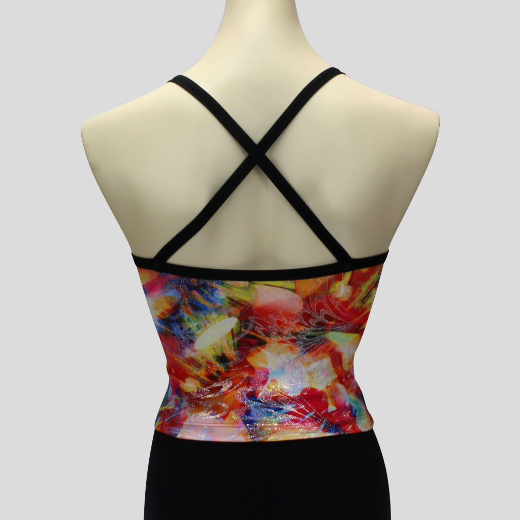 back view of the foiled multiprint top with black crossover straps