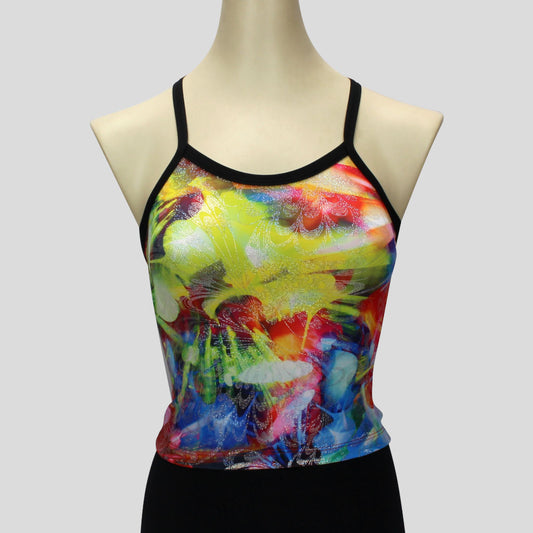 colourful foiled multiprint top with black cross straps