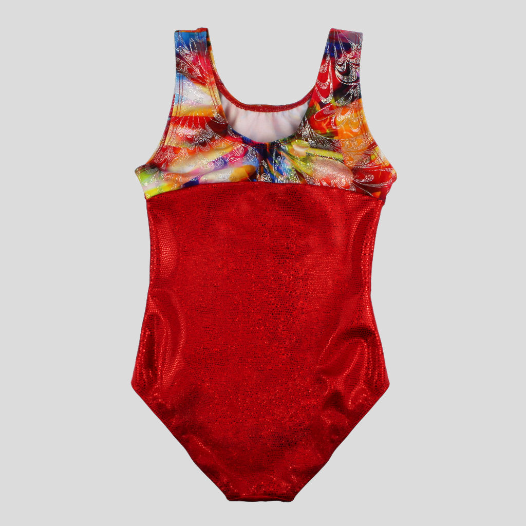 back of the limited edition foiled multiprint red leotard for gymnastics